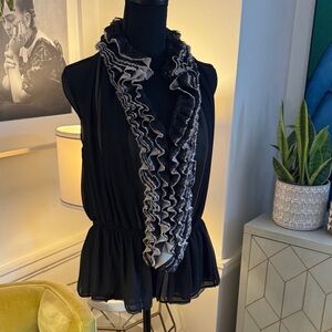 Robert Rodriguez Black Ruffled Sleeveless Blouse with Gray Trim